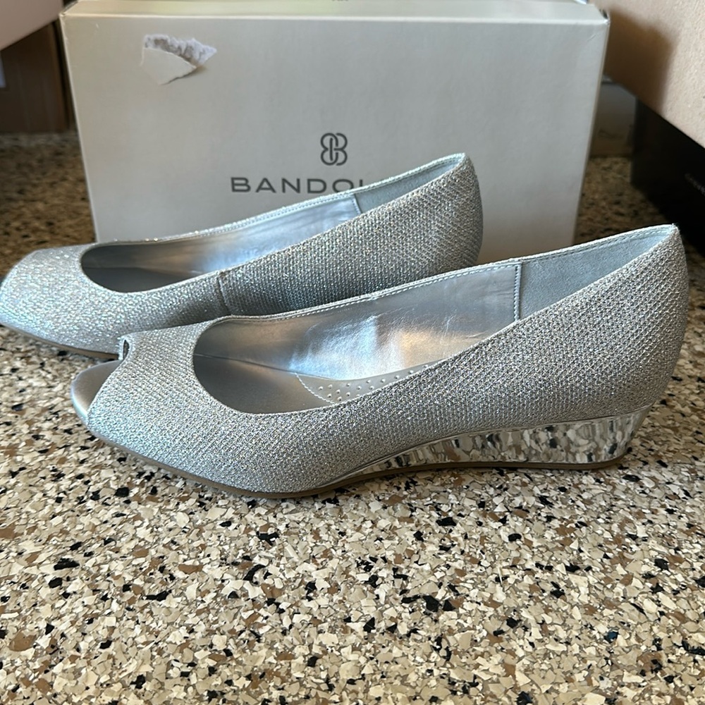 Bandolino Silver Sparkle Peep-Toe Wedge Pumps